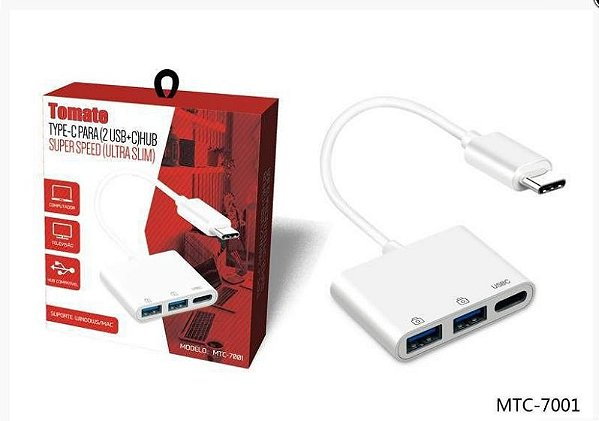 Adaptador Tomate MTC-7001 Type-C para 2 USB + C Hub 3.0 – Ultra Slim